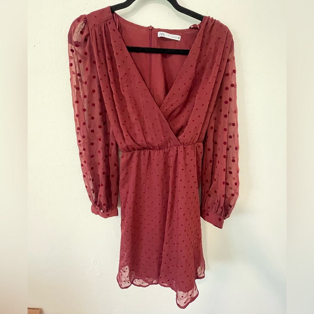 Zara polka dot maroon tie dress